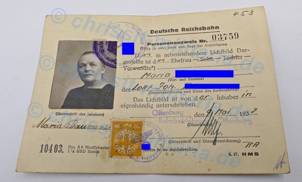 Deutsche Reichsbahn Personenausweis 1938  (db) - Original