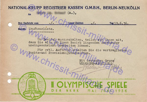 Orig. Schriftstück National-Krupp Berlin-Neukölln (1) / Olympia