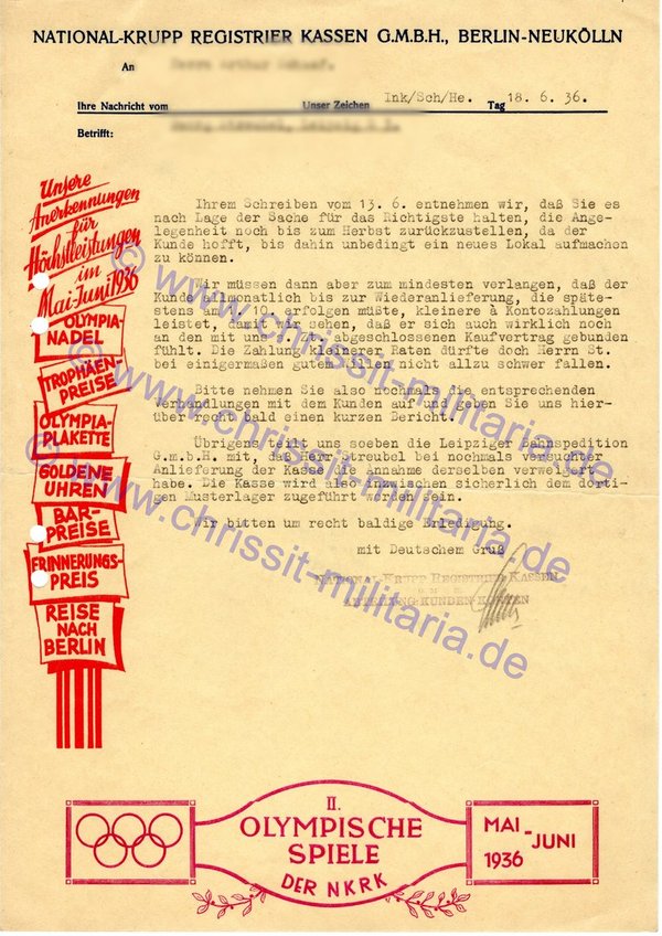 Orig. Schriftstück National-Krupp Berlin-Neukölln (2) / Olympia